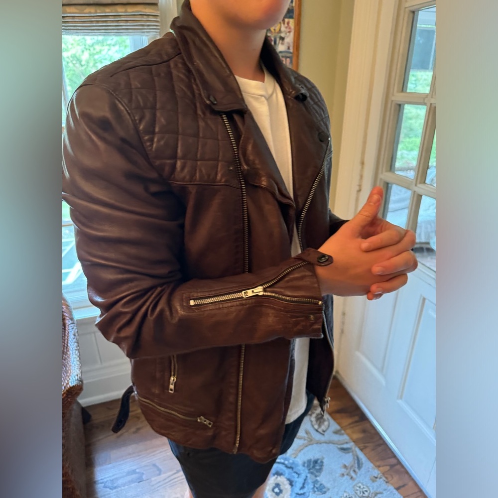 All Saints Conroy Textured Leather Biker Brown XXL Men’s Jacket